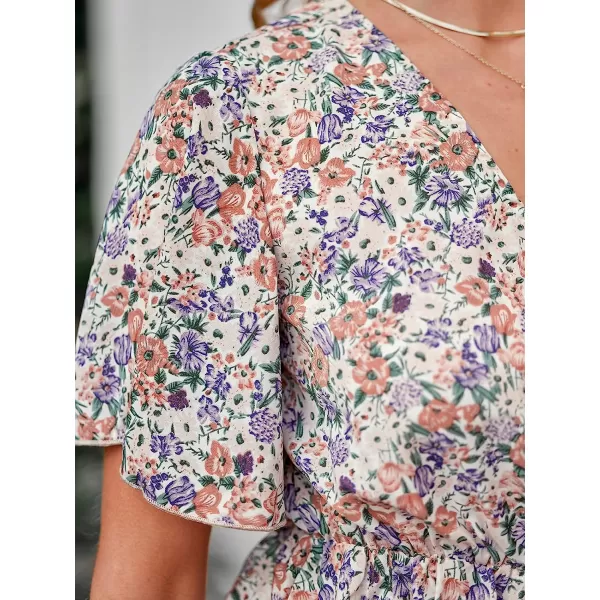 imageCUPSHE Women Flare Short Sleeve Floral Print Peplum Top Wrap VNeck Flounce Hem Summer Blouse TopsPinkfloral