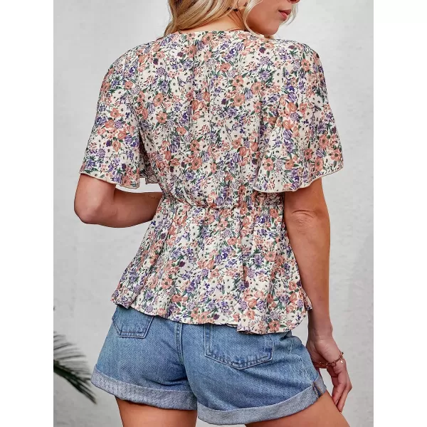 imageCUPSHE Women Flare Short Sleeve Floral Print Peplum Top Wrap VNeck Flounce Hem Summer Blouse TopsPinkfloral