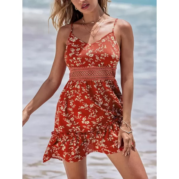 imageCUPSHE Women Floral Casual Dress Ruffled Tiered Sleeveless V Neck Hollow Out Beach Summer Cami DressRed