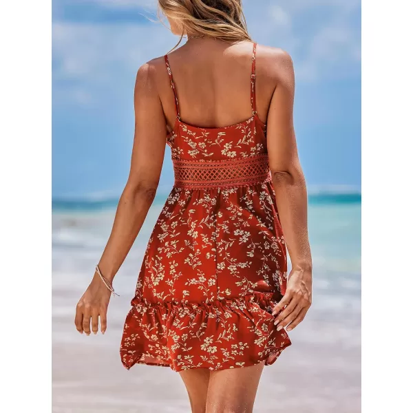 imageCUPSHE Women Floral Casual Dress Ruffled Tiered Sleeveless V Neck Hollow Out Beach Summer Cami DressRed