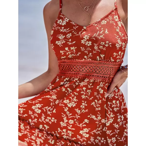 imageCUPSHE Women Floral Casual Dress Ruffled Tiered Sleeveless V Neck Hollow Out Beach Summer Cami DressRed