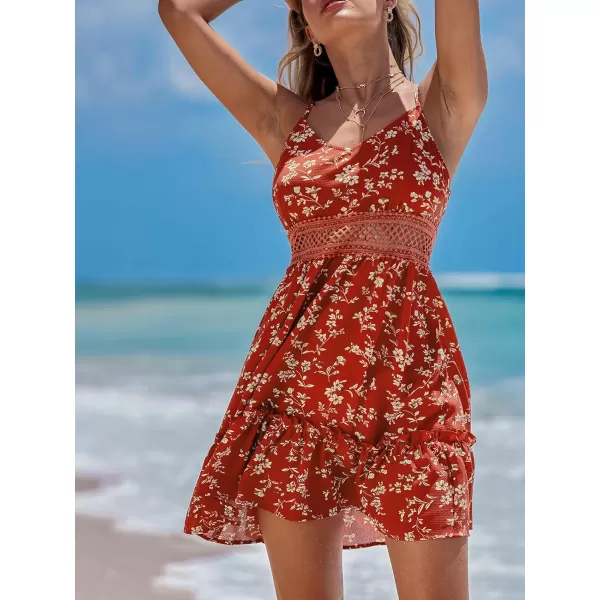 imageCUPSHE Women Floral Casual Dress Ruffled Tiered Sleeveless V Neck Hollow Out Beach Summer Cami DressRed