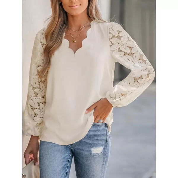 imageCUPSHE Women Floral Lace Scalloped Top Long Sleeve Shirts V Neck BlousesBeige