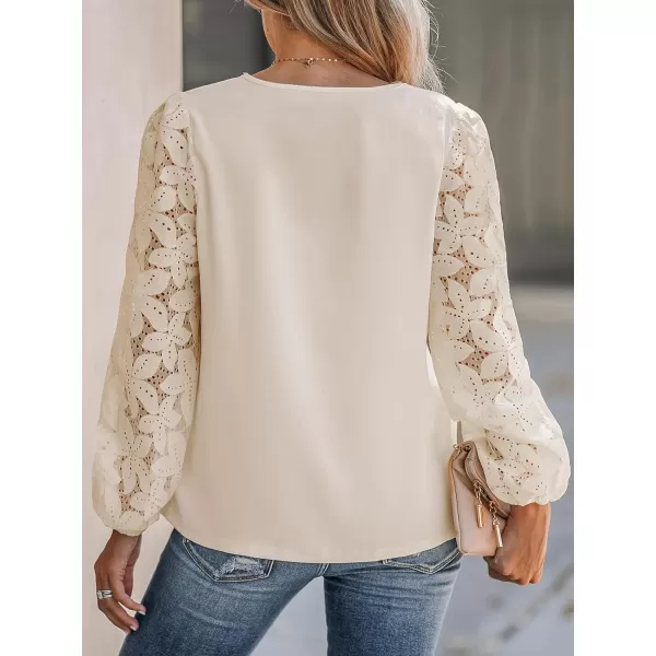imageCUPSHE Women Floral Lace Scalloped Top Long Sleeve Shirts V Neck BlousesBeige