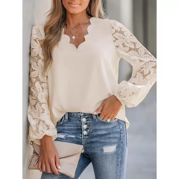 imageCUPSHE Women Floral Lace Scalloped Top Long Sleeve Shirts V Neck BlousesBeige