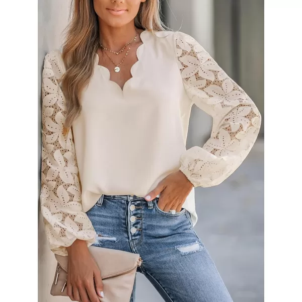 imageCUPSHE Women Floral Lace Scalloped Top Long Sleeve Shirts V Neck BlousesBeige