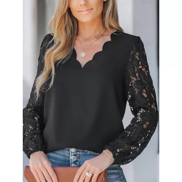 imageCUPSHE Women Floral Lace Scalloped Top Long Sleeve Shirts V Neck BlousesBlack