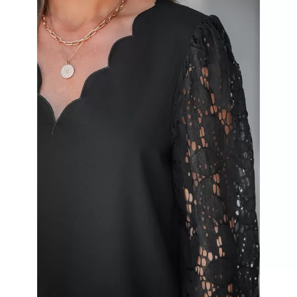 imageCUPSHE Women Floral Lace Scalloped Top Long Sleeve Shirts V Neck BlousesBlack