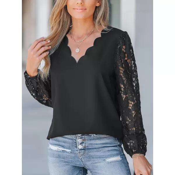 imageCUPSHE Women Floral Lace Scalloped Top Long Sleeve Shirts V Neck BlousesBlack