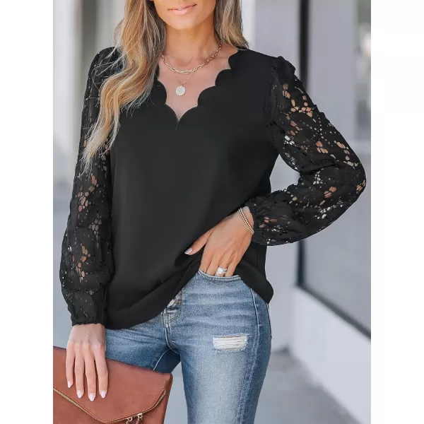 imageCUPSHE Women Floral Lace Scalloped Top Long Sleeve Shirts V Neck BlousesBlack