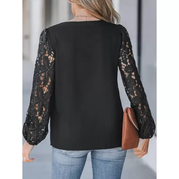 imageCUPSHE Women Floral Lace Scalloped Top Long Sleeve Shirts V Neck BlousesBlack