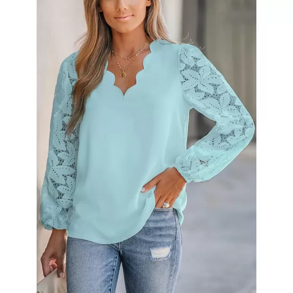 imageCUPSHE Women Floral Lace Scalloped Top Long Sleeve Shirts V Neck BlousesBlue