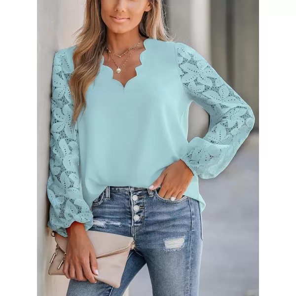 imageCUPSHE Women Floral Lace Scalloped Top Long Sleeve Shirts V Neck BlousesBlue