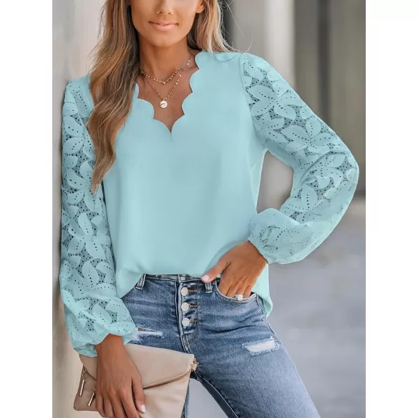 imageCUPSHE Women Floral Lace Scalloped Top Long Sleeve Shirts V Neck BlousesBlue