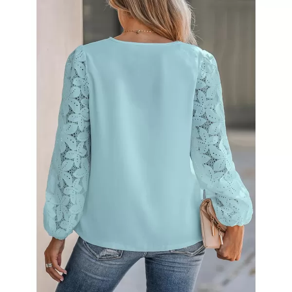 imageCUPSHE Women Floral Lace Scalloped Top Long Sleeve Shirts V Neck BlousesBlue