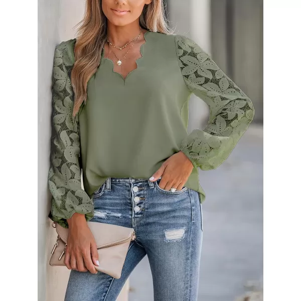 imageCUPSHE Women Floral Lace Scalloped Top Long Sleeve Shirts V Neck BlousesGreen