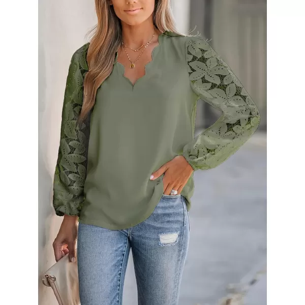 imageCUPSHE Women Floral Lace Scalloped Top Long Sleeve Shirts V Neck BlousesGreen