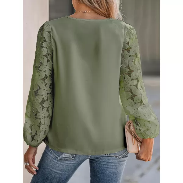 imageCUPSHE Women Floral Lace Scalloped Top Long Sleeve Shirts V Neck BlousesGreen