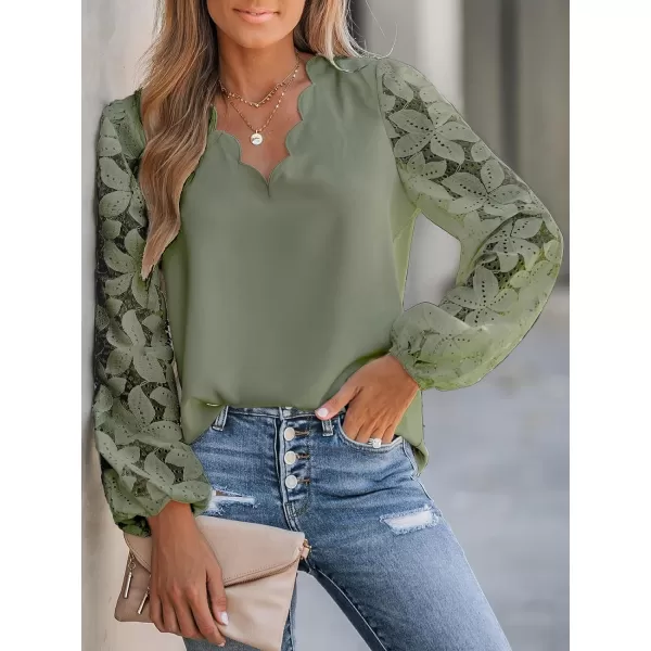 imageCUPSHE Women Floral Lace Scalloped Top Long Sleeve Shirts V Neck BlousesGreen