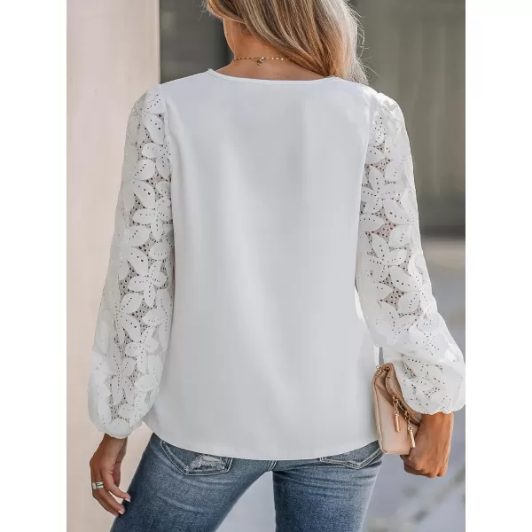 imageCUPSHE Women Floral Lace Scalloped Top Long Sleeve Shirts V Neck BlousesWhite
