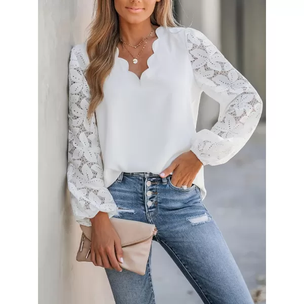 imageCUPSHE Women Floral Lace Scalloped Top Long Sleeve Shirts V Neck BlousesWhite