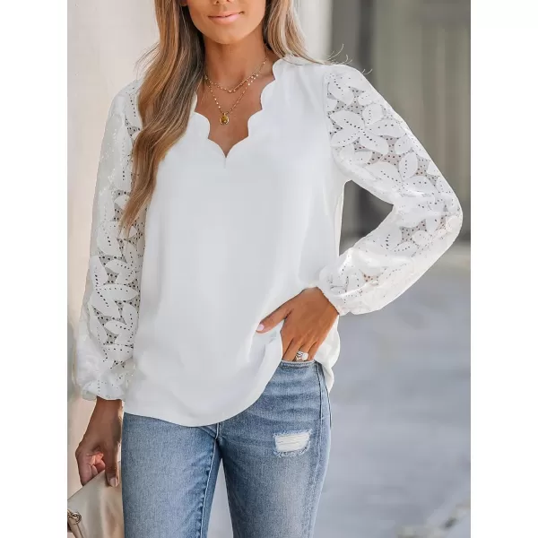 imageCUPSHE Women Floral Lace Scalloped Top Long Sleeve Shirts V Neck BlousesWhite