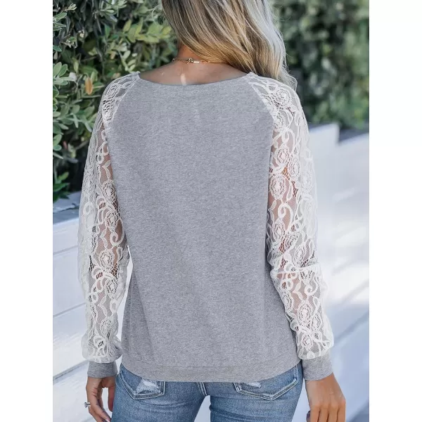 imageCUPSHE Women Floral Lace Sleeve Tee Long Sleeve Tops Crew Neck BlousesGrey