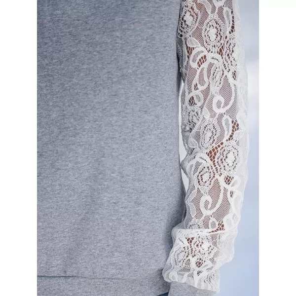 imageCUPSHE Women Floral Lace Sleeve Tee Long Sleeve Tops Crew Neck BlousesGrey