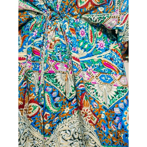 imageCUPSHE Women Floral Ornate Print Tie Front Dress 34 Balloon Sleeves Paisley Beach DressesDark Blue