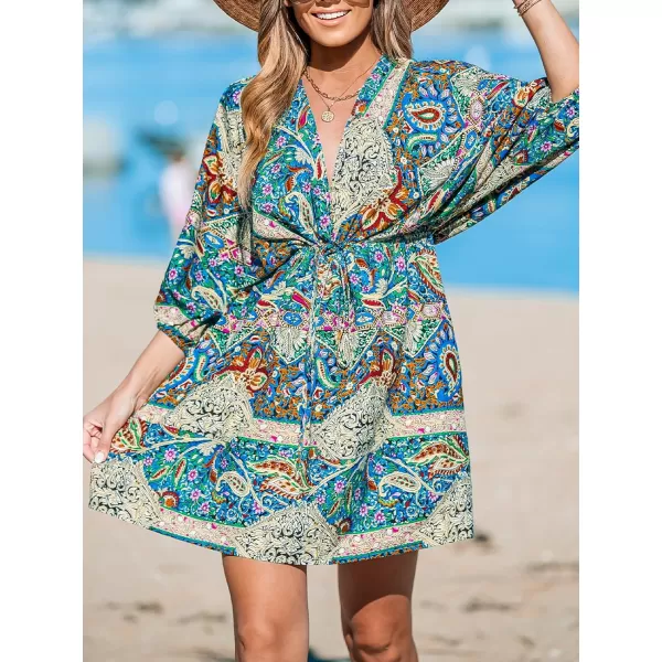 imageCUPSHE Women Floral Ornate Print Tie Front Dress 34 Balloon Sleeves Paisley Beach DressesDark Blue