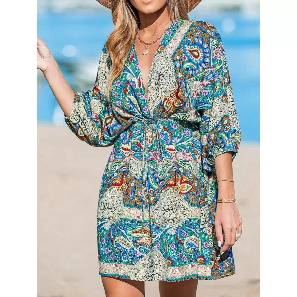 imageCUPSHE Women Floral Ornate Print Tie Front Dress 34 Balloon Sleeves Paisley Beach DressesDark Blue