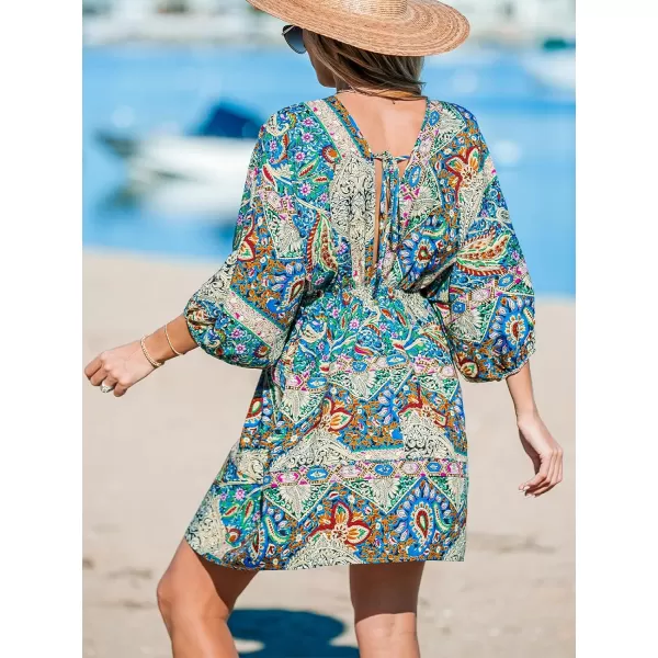 imageCUPSHE Women Floral Ornate Print Tie Front Dress 34 Balloon Sleeves Paisley Beach DressesDark Blue