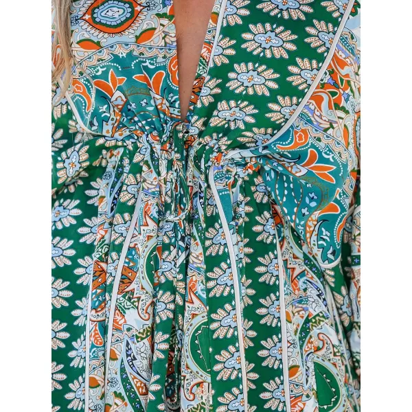 imageCUPSHE Women Floral Ornate Print Tie Front Dress 34 Balloon Sleeves Paisley Beach DressesGreen