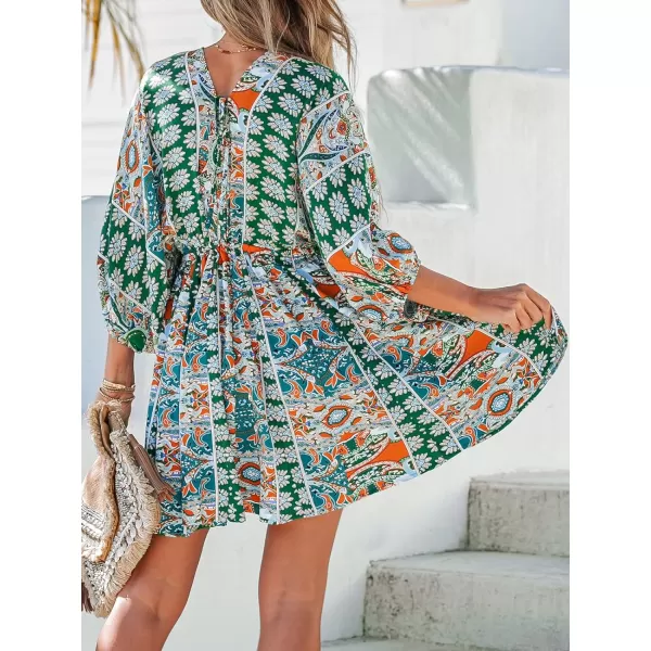 imageCUPSHE Women Floral Ornate Print Tie Front Dress 34 Balloon Sleeves Paisley Beach DressesGreen