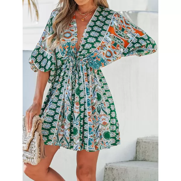 imageCUPSHE Women Floral Ornate Print Tie Front Dress 34 Balloon Sleeves Paisley Beach DressesGreen