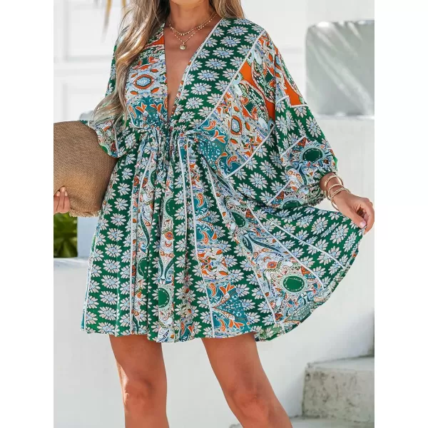 imageCUPSHE Women Floral Ornate Print Tie Front Dress 34 Balloon Sleeves Paisley Beach DressesGreen
