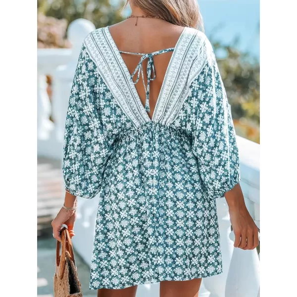 imageCUPSHE Women Floral Ornate Print Tie Front Dress 34 Balloon Sleeves Paisley Beach DressesLight Blue