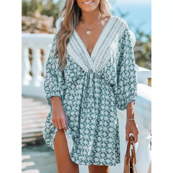 imageCUPSHE Women Floral Ornate Print Tie Front Dress 34 Balloon Sleeves Paisley Beach DressesLight Blue