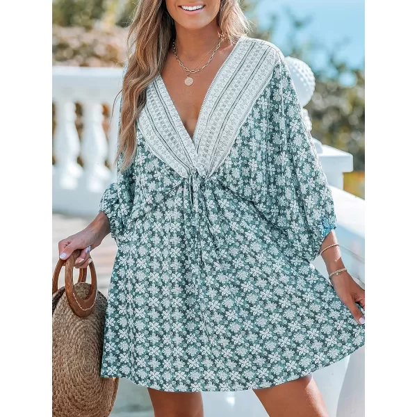 imageCUPSHE Women Floral Ornate Print Tie Front Dress 34 Balloon Sleeves Paisley Beach DressesLight Blue