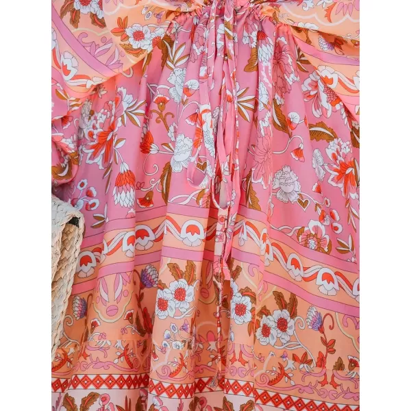 imageCUPSHE Women Floral Ornate Print Tie Front Dress 34 Balloon Sleeves Paisley Beach DressesPink