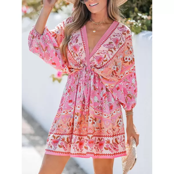 imageCUPSHE Women Floral Ornate Print Tie Front Dress 34 Balloon Sleeves Paisley Beach DressesPink