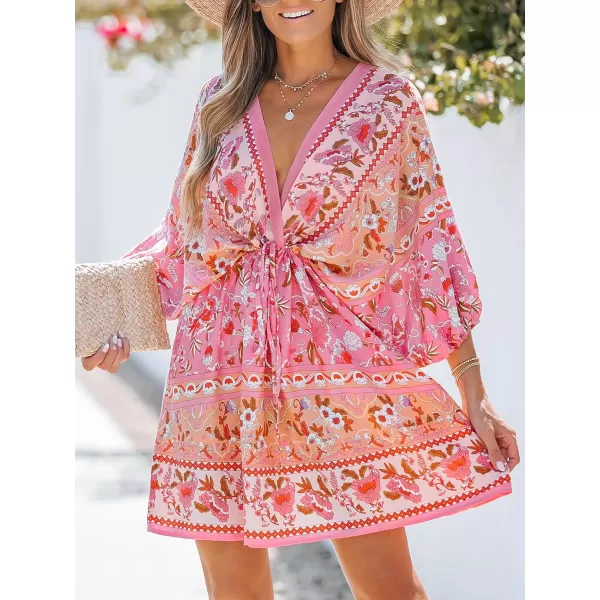 imageCUPSHE Women Floral Ornate Print Tie Front Dress 34 Balloon Sleeves Paisley Beach DressesPink