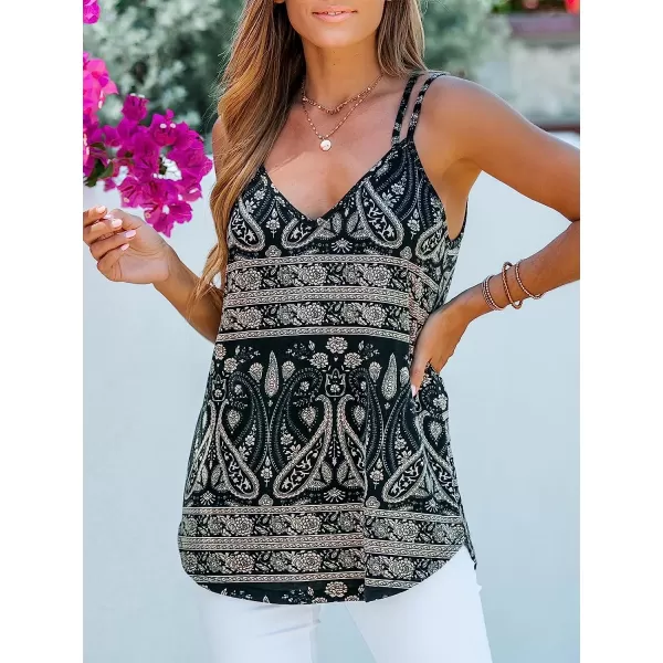 imageCUPSHE Women Floral Paisley Print VNeck Cami Sleeveless Tank Top Straps Tee CasualBlack
