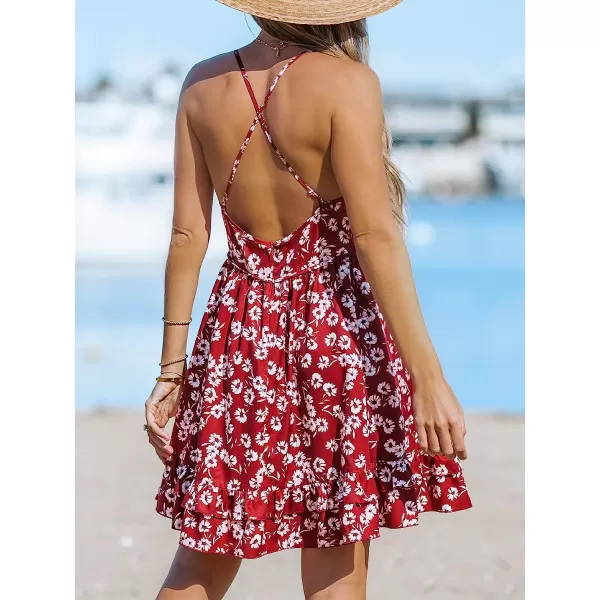 imageCUPSHE Women Floral Print Deep VNeck Beach Dress Sexy Backless Crisscross ALine Short DressesRed