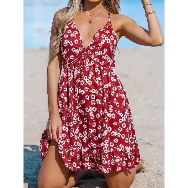 imageCUPSHE Women Floral Print Deep VNeck Beach Dress Sexy Backless Crisscross ALine Short DressesRed