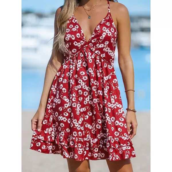 imageCUPSHE Women Floral Print Deep VNeck Beach Dress Sexy Backless Crisscross ALine Short DressesRed