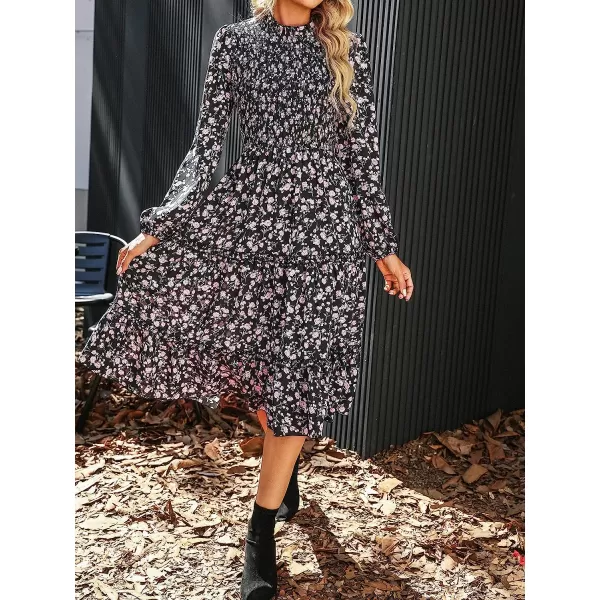 imageCUPSHE Women Floral Print Dress Long Sleeve Mock Neck Smocked Midi DressesBlack