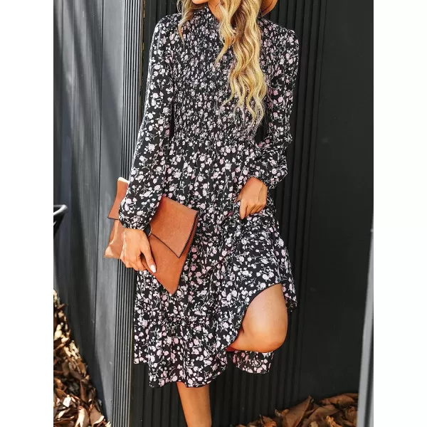 imageCUPSHE Women Floral Print Dress Long Sleeve Mock Neck Smocked Midi DressesBlack