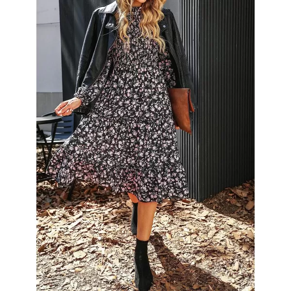 imageCUPSHE Women Floral Print Dress Long Sleeve Mock Neck Smocked Midi DressesBlack