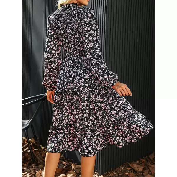 imageCUPSHE Women Floral Print Dress Long Sleeve Mock Neck Smocked Midi DressesBlack